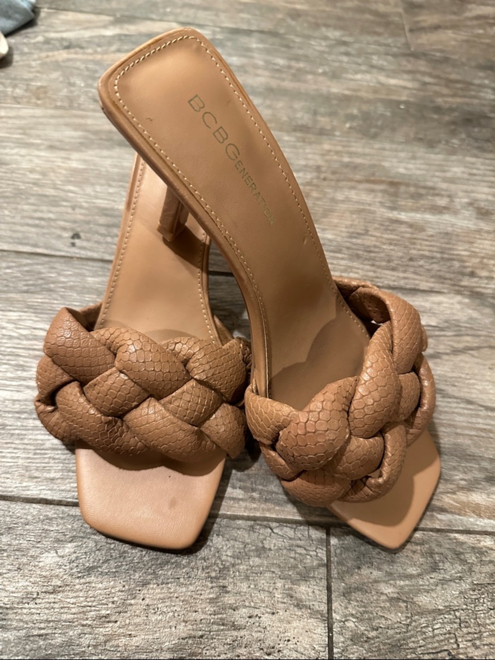 BCBGeneration Braided Slide Mules in Camel Brown